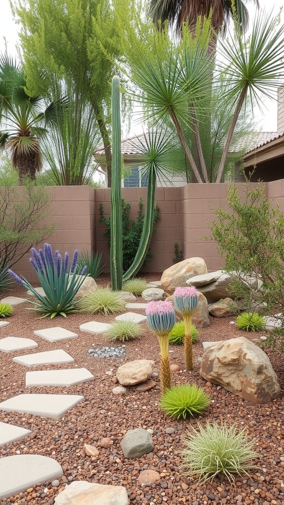 A xeriscaped backyard featuring various drought-resistant plants, decorative rocks, and stepping stones.