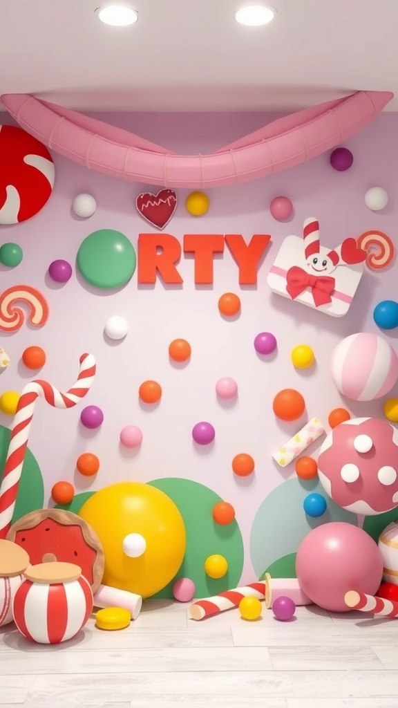 Kids bedroom wall painted with Sweet Candyland theme featuring colorful candy decorations