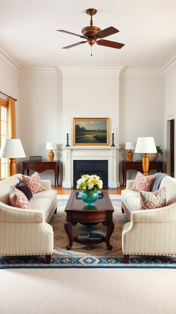 A colonial-style living room featuring symmetrical arrangements with two sofas facing each other, a central coffee table, and lamps on either side.