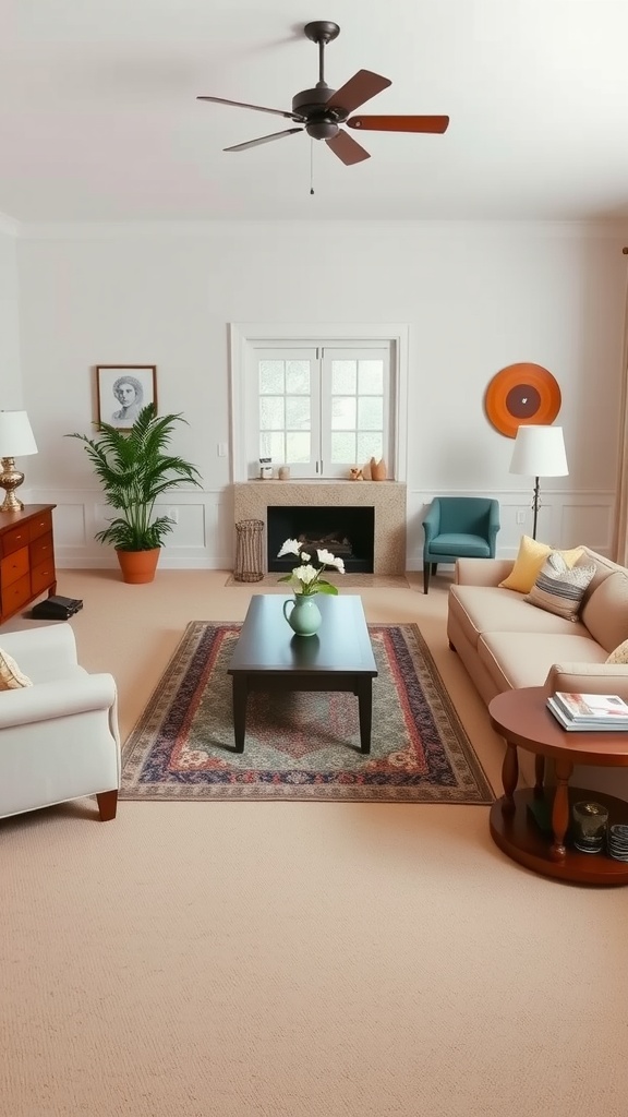 A colonial living room with a symmetrical layout featuring two sofas, a central coffee table, and decor elements that emphasize balance.