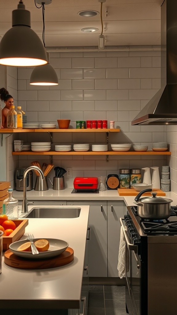 A well-lit kitchen with pendant lights and organized shelves.