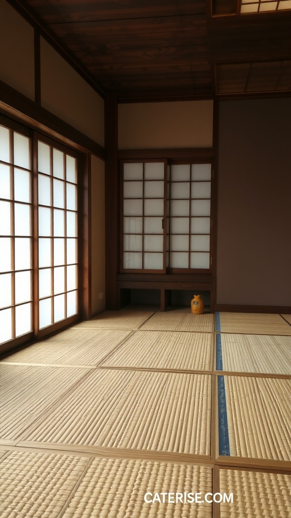 A traditional Japanese bedroom with tatami mats and sliding doors.