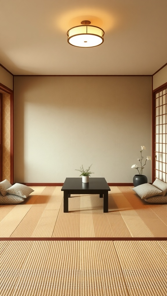 A serene room with tatami mat flooring, a black table, and soft cushions.