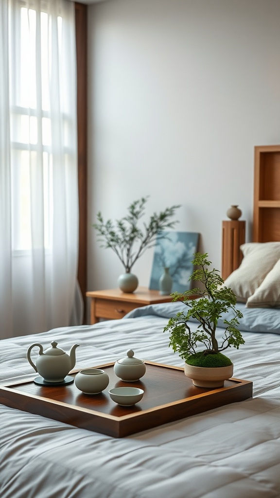 A cozy bedroom featuring a wooden tray with a tea set and a small plant, creating a tranquil atmosphere