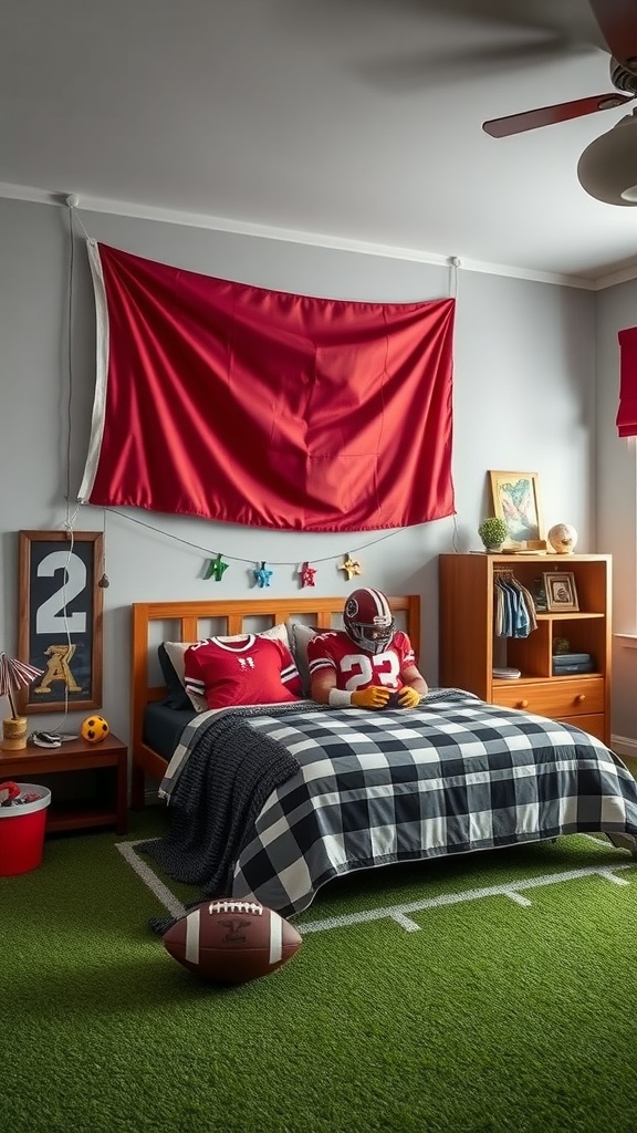 A football-themed bedroom featuring a red flag, plaid bedding, a plush football, and green carpet resembling a football field.