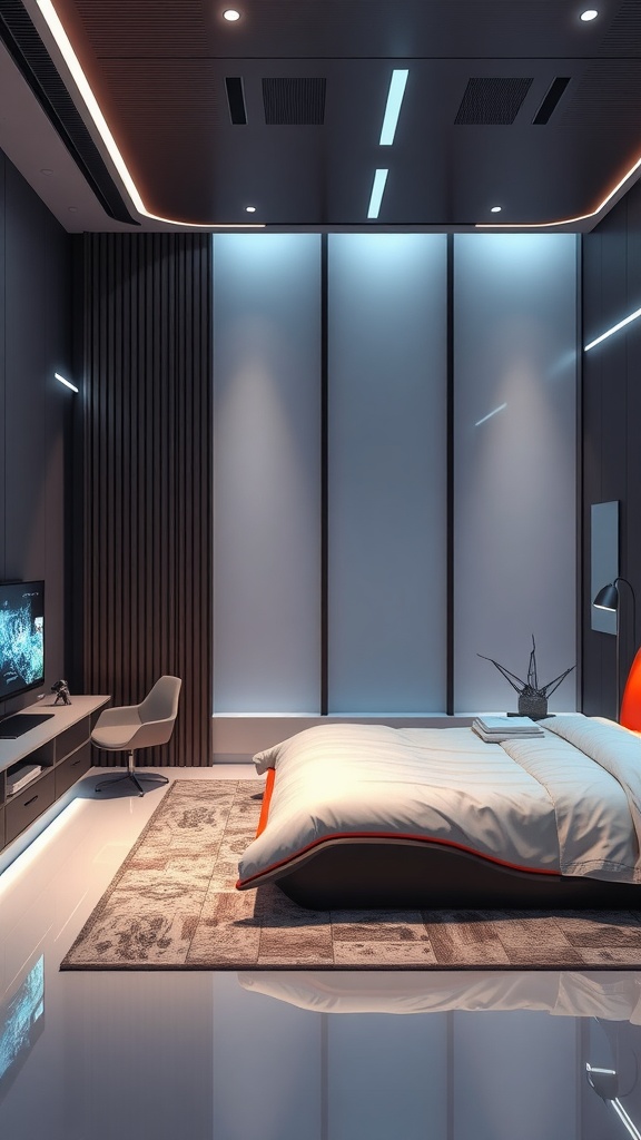 A modern bedroom with a sleek design, featuring ambient lighting, a stylish bed, and an entertainment unit with a TV.