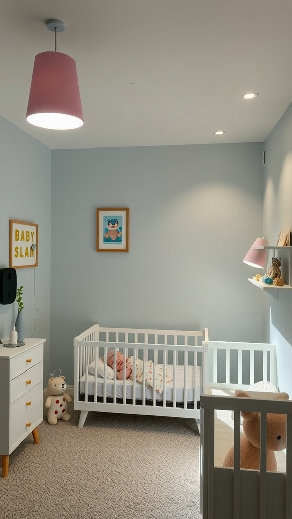 A modern nursery with a crib, soft toys, and smart tech integration.