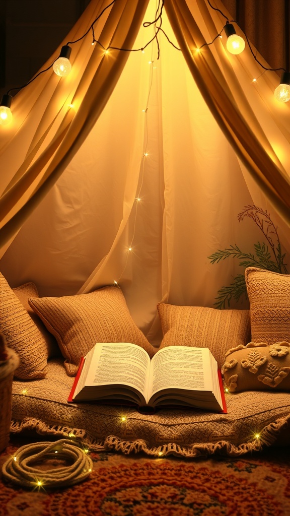 A cozy tent-style reading nook with cushions, a book, and string lights.