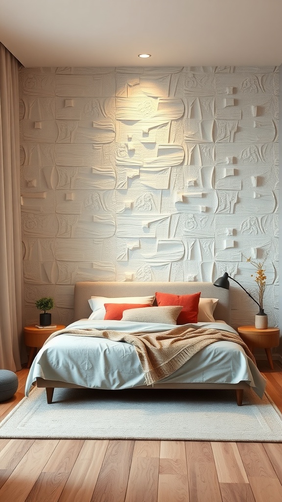 A cozy bedroom featuring a textured accent wall, simple bedding, warm lighting, and minimalist decor.