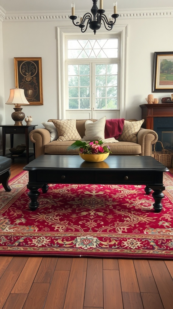 A colonial living room featuring a textured red area rug, a beige sofa with pillows, and natural light streaming through large windows.