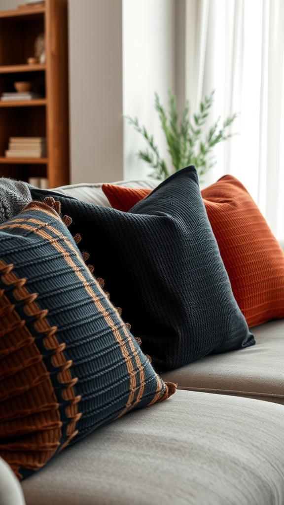 A cozy sofa with black and rust textured pillows, showcasing a warm and inviting living room style.