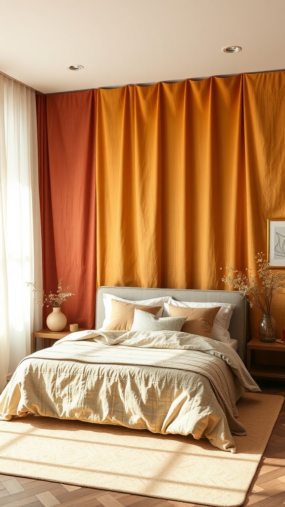 A cozy bedroom featuring textured fabric panels in warm tones of orange and yellow, complemented by a neatly made bed and soft decor.