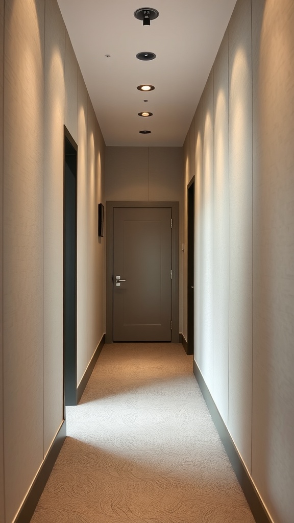 Modern hallway with textured fabric wall panels and soft lighting.