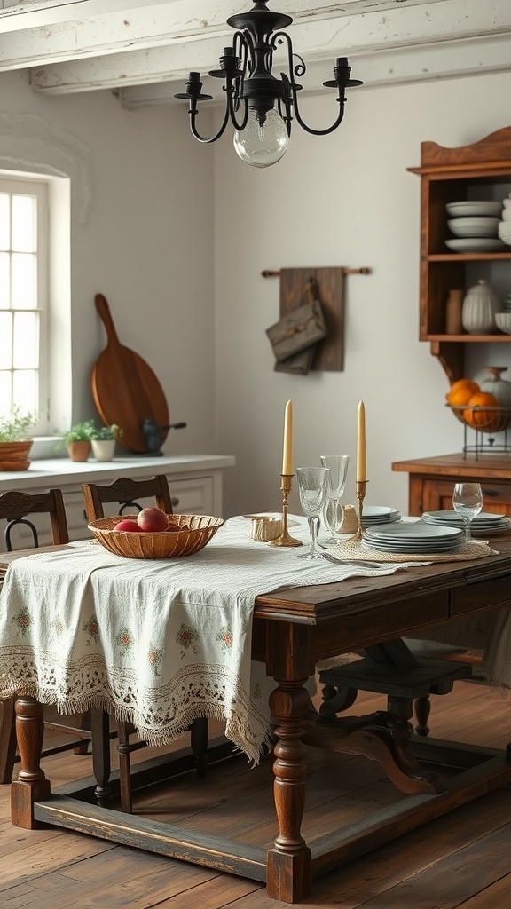 A cozy French country kitchen with a rustic wooden table set with an antique table linen, a basket of apples, and elegant glassware.