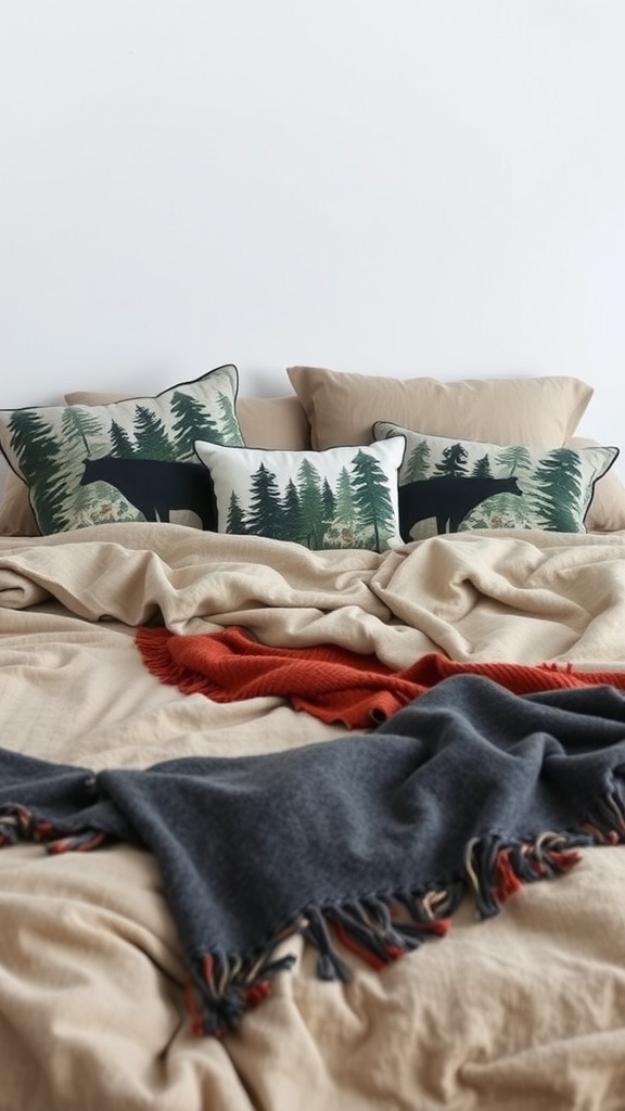 Textured fabrics and layers in a forest-themed bedroom featuring pillows and blankets.