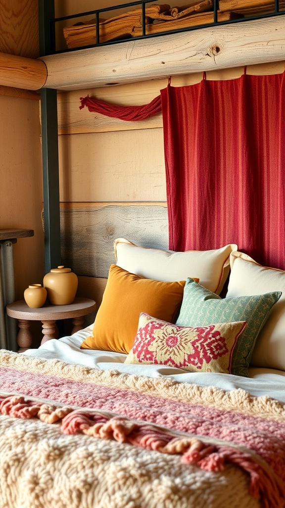 A cozy Western bedroom featuring textured pillows and warm colors.