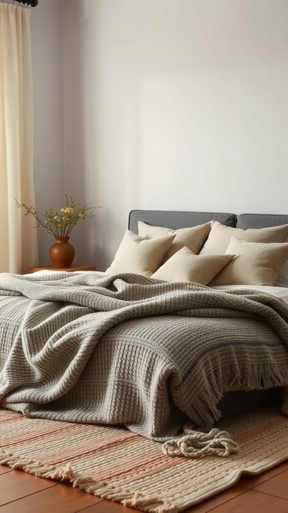 A cozy bedroom with a soft bed featuring textured fabrics, neutral colored pillows, and a warm rug.