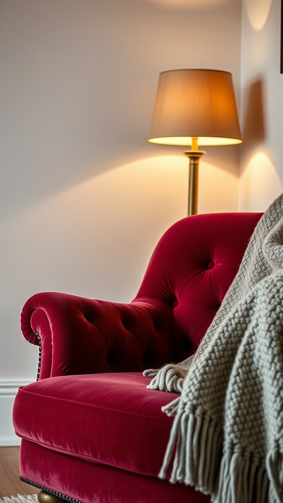 A burgundy velvet sofa with a knitted blanket and a warm lamp beside it.