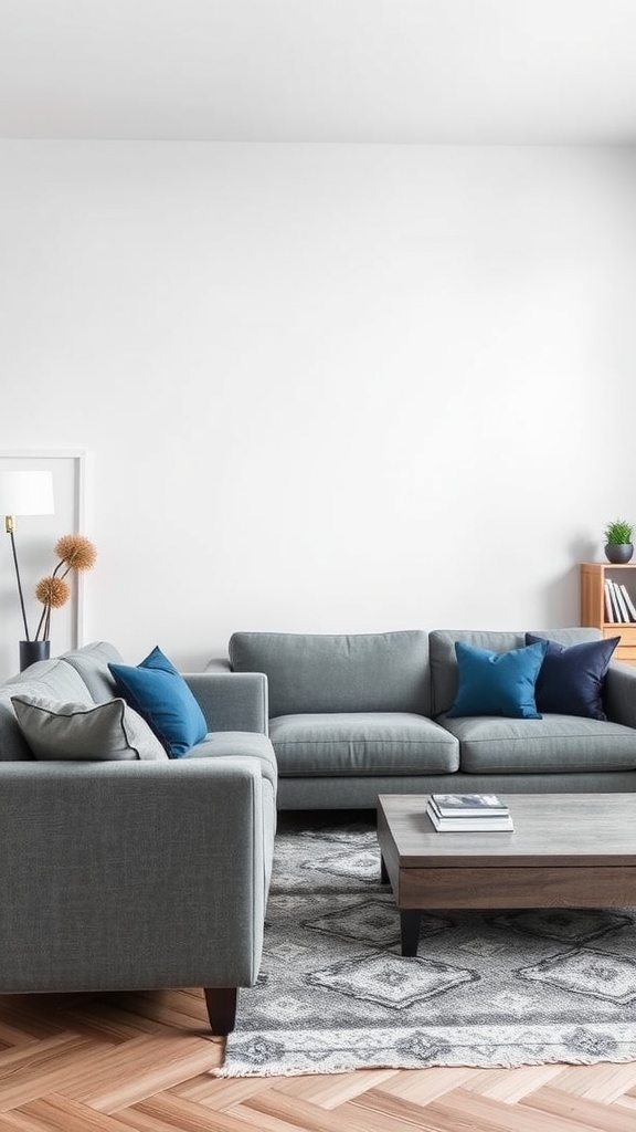 A cozy living room featuring gray textured sofas, blue cushions, and a wooden coffee table.