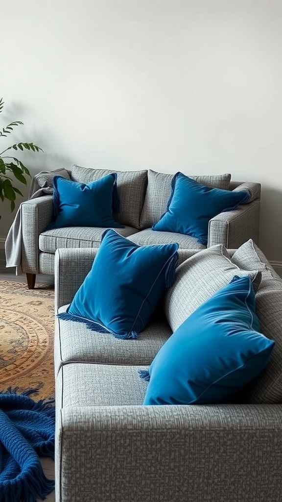 A living room with gray sofas and blue accent pillows