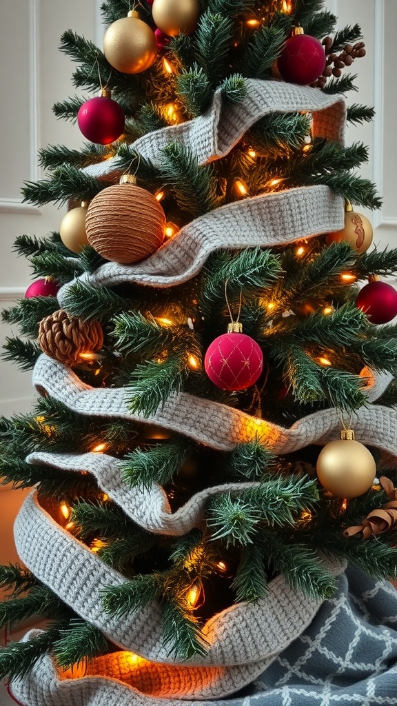 Christmas tree decorated with textured knit ribbons and colorful ornaments