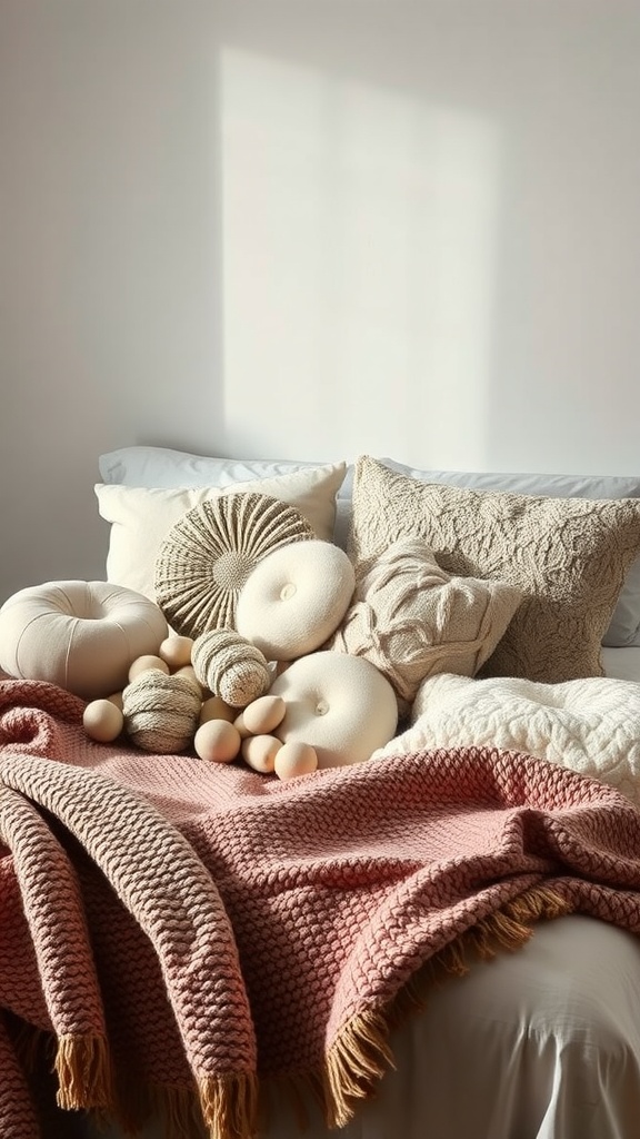 A cozy bedroom featuring a layered bed with various textured pillows and a knitted blanket in blush tones.