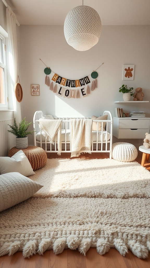 A cozy nursery with soft fabrics and rugs, featuring a large fluffy rug, pillows, and a charming decor.