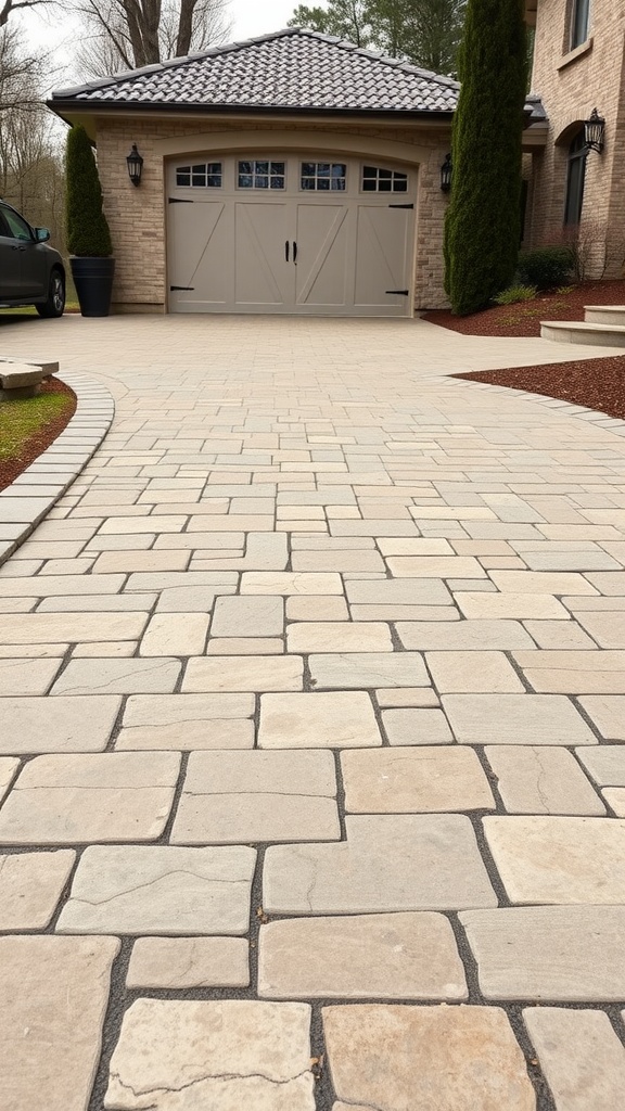 A driveway with textured natural stone pavers leading to a garage entrance, featuring light and earthy tones.