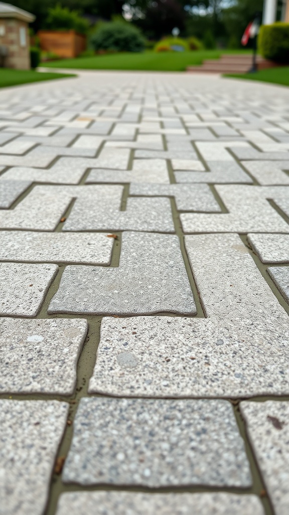 Close-up view of textured concrete pavers in a driveway pattern.