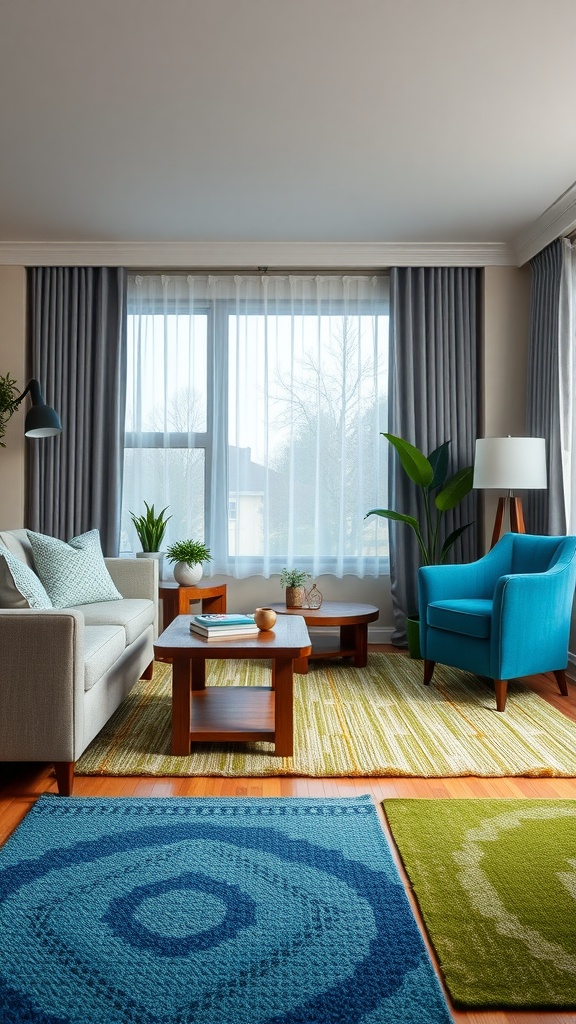 A cozy living room featuring blue and green textured rugs, a grey sofa, and an aqua armchair.