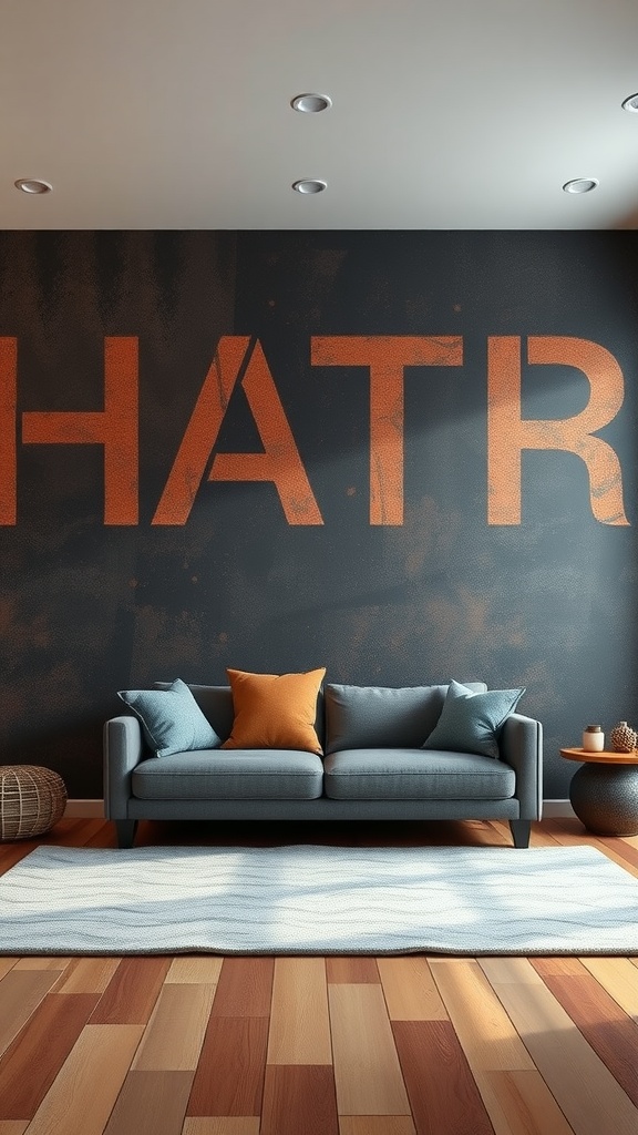 A living room featuring a textured wall with the word 'HATRED' in rust color against a dark background, complemented by a soft blue sofa and a wooden floor.