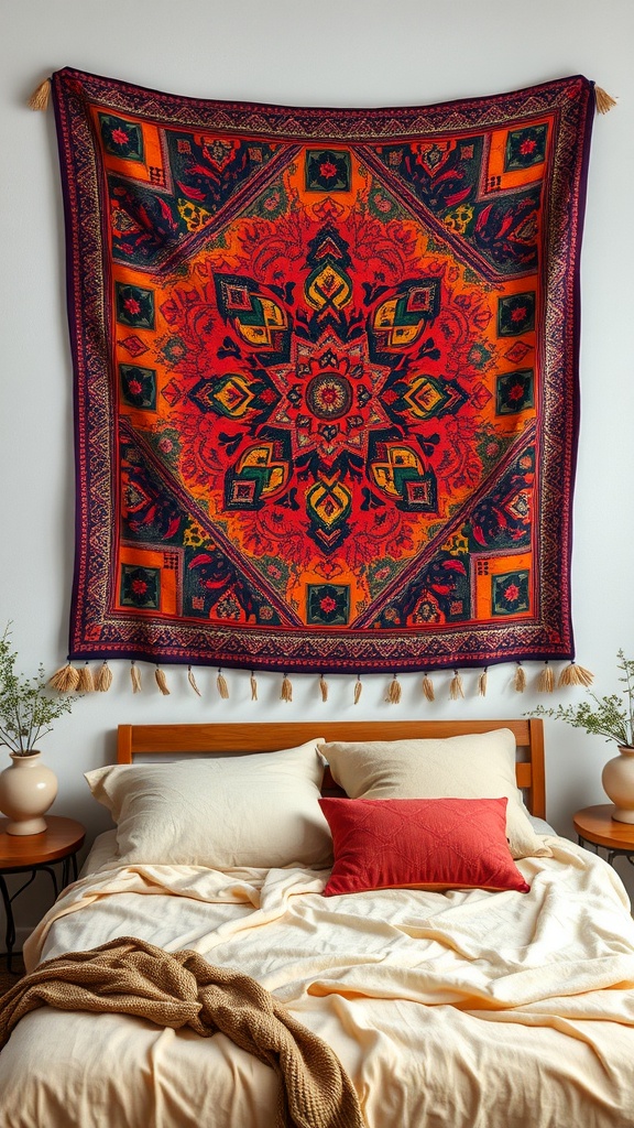 Colorful textured wall tapestry hanging above a bed with neutral bedding and decorative pillows