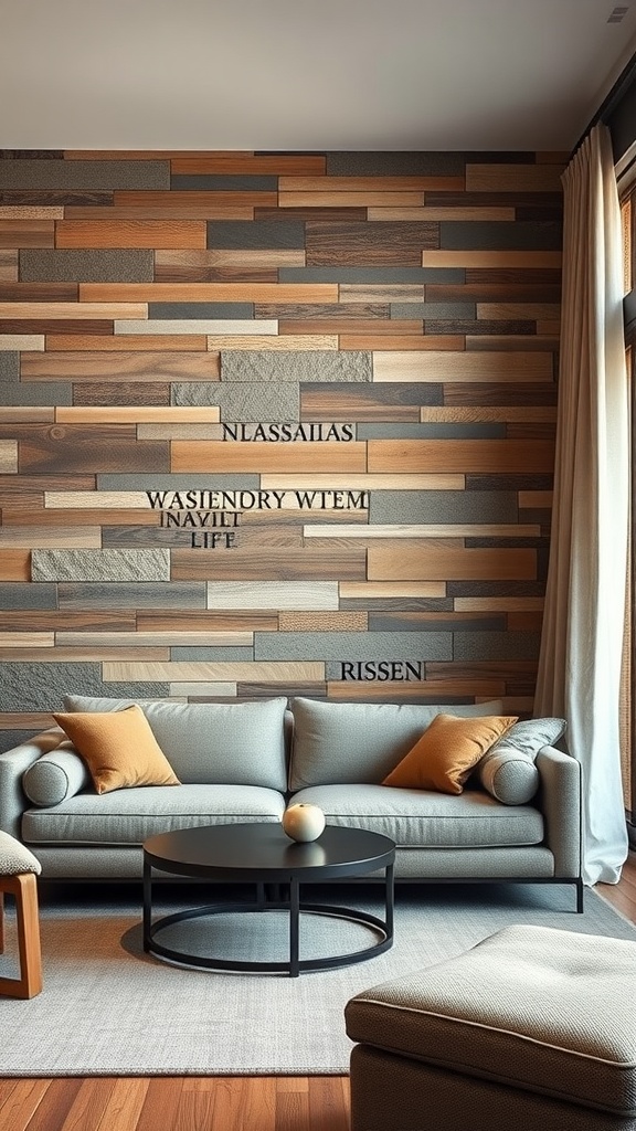 Textured wooden wall with a sofa and coffee table in a small living room