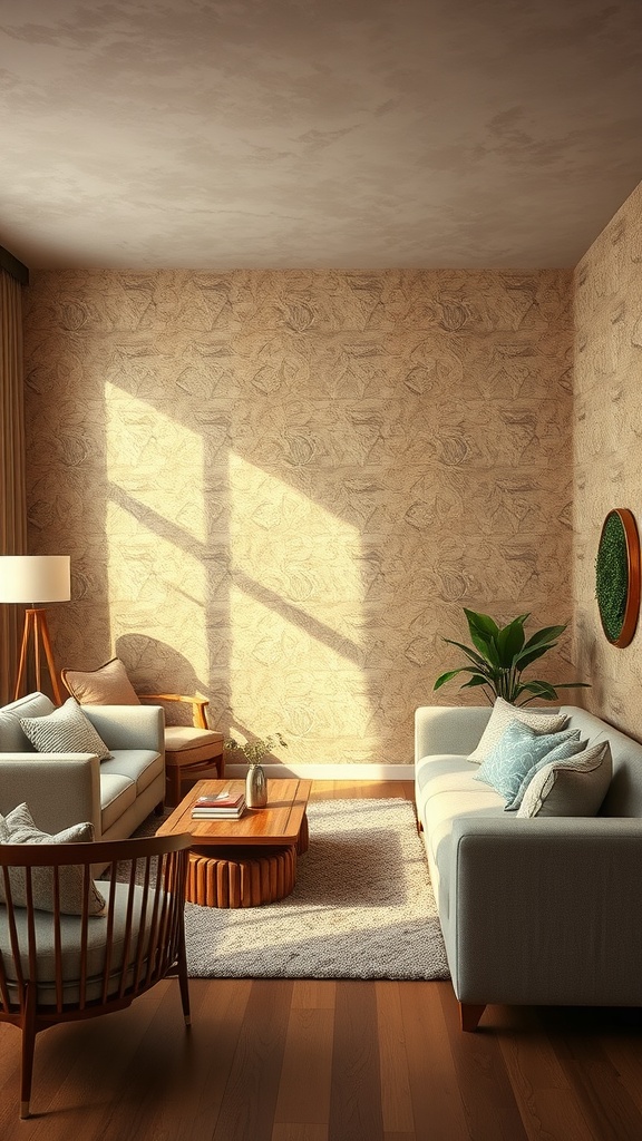 A cozy living room featuring textured wallpaper, light furniture, and a wooden coffee table.