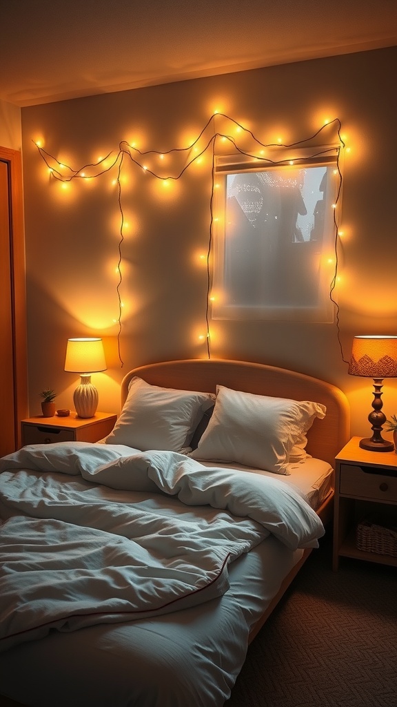 Cozy bedroom with warm lighting from lamps and string lights