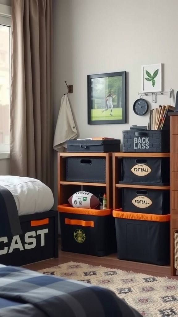 A football-themed bedroom with organized storage bins and a cozy bed.