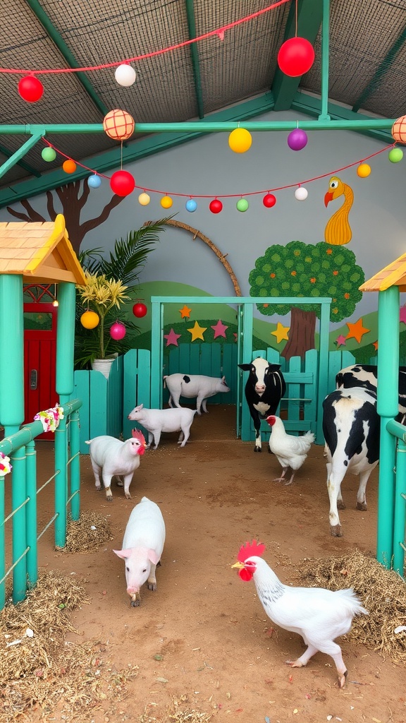 A colorful themed animal enclosure with pigs, cows, and chickens, featuring vibrant decorations and playful designs.