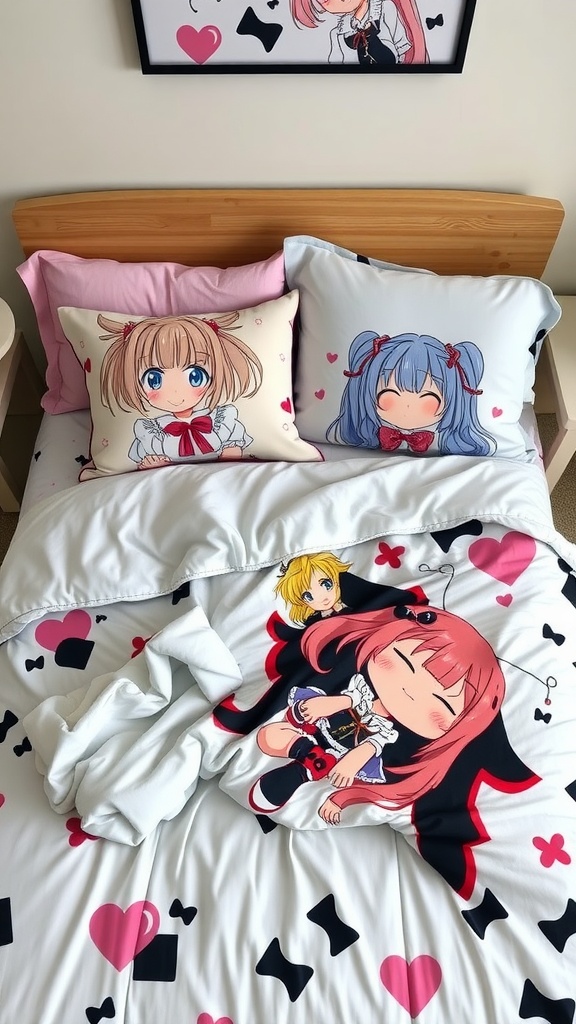 A bed with anime-themed pillows and duvet featuring various characters and playful designs.