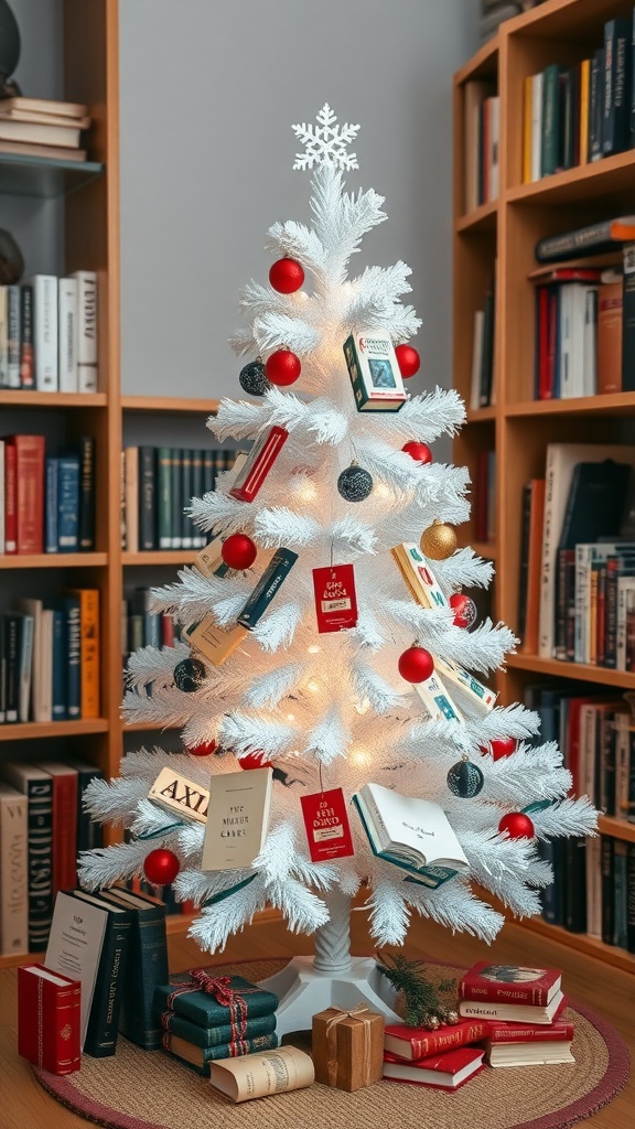 Mini white Christmas tree decorated with books and ornaments in a cozy library setting