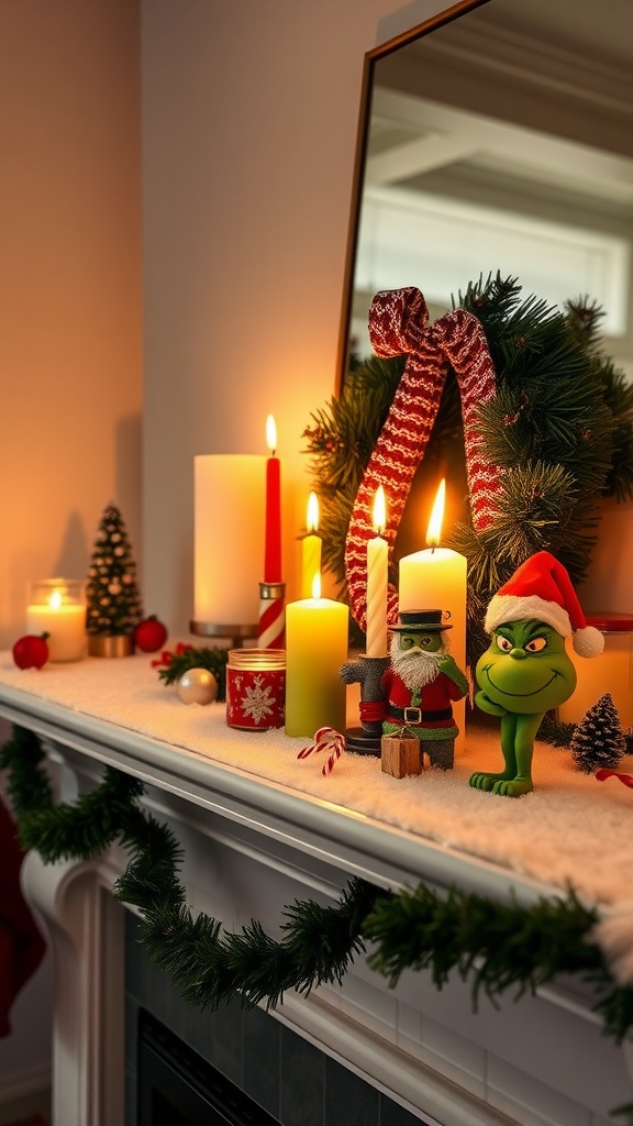 A festive mantel decorated with themed candles, a Grinch figurine, and holiday greenery.