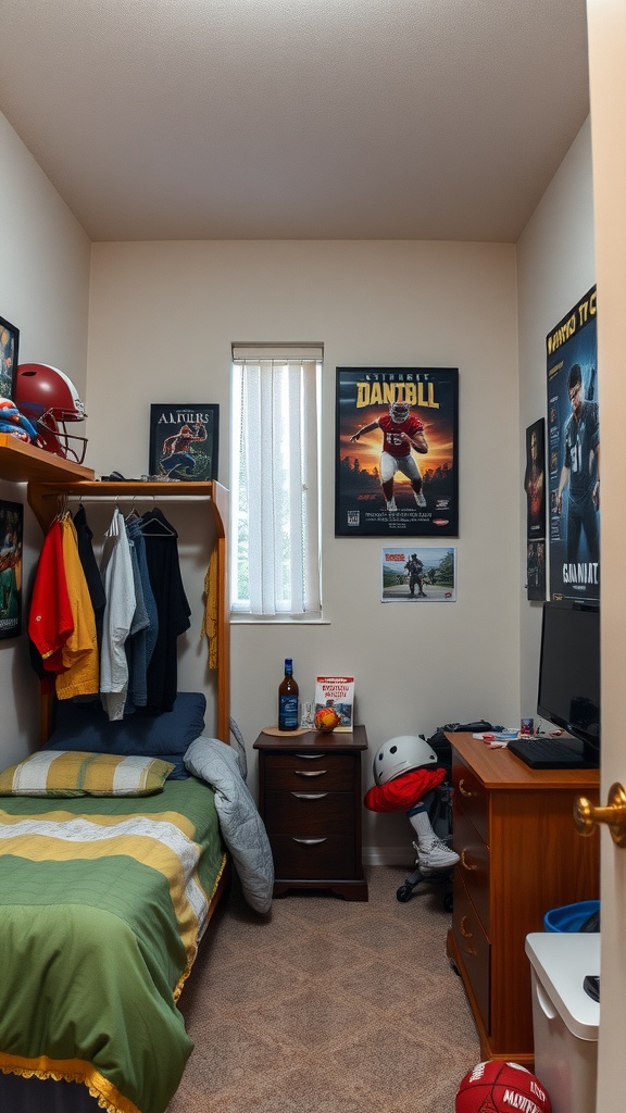 A small bedroom featuring sports and gaming themes, including football posters, a gaming setup, and neatly organized clothing.