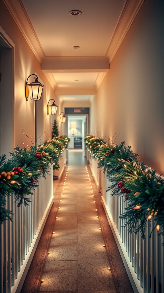 A hallway decorated with lighted garlands and warm lamps, creating a festive atmosphere.