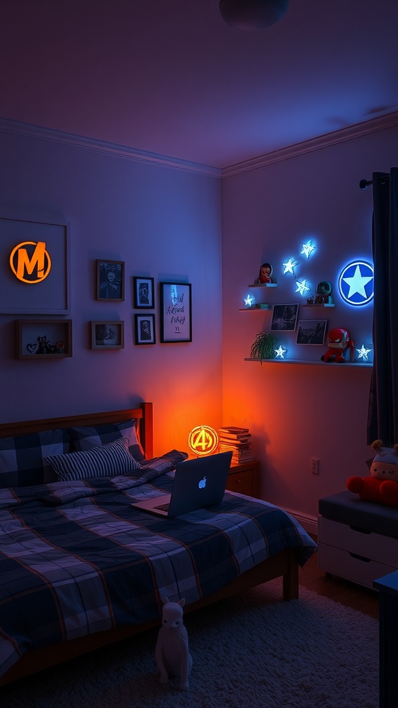 A cozy bedroom decorated with Marvel-themed lighting and collectibles.