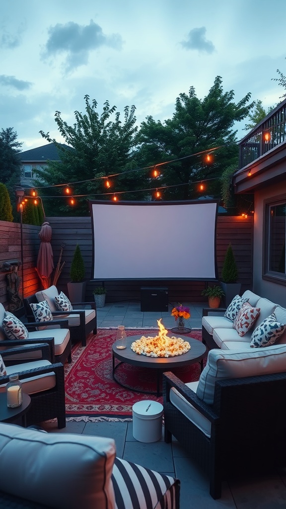 An outdoor movie setup with a screen, cozy seating, and a fire pit.