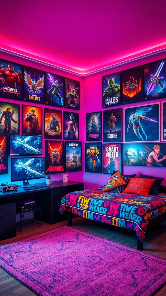 A gaming bedroom featuring themed wall art and posters with vibrant colors and neon lighting.