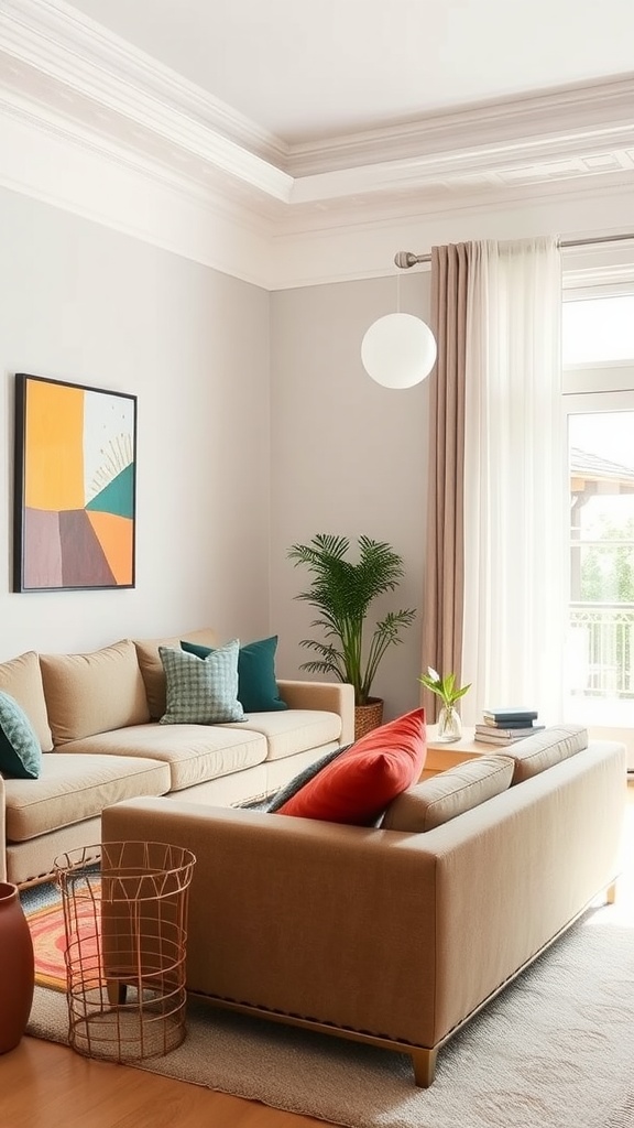 A cozy living room featuring a beige sofa with colorful cushions, a piece of abstract wall art, plants, and modern lighting.