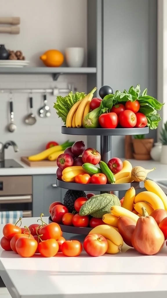 A tiered stand filled with colorful fruits and vegetables on a kitchen counter.