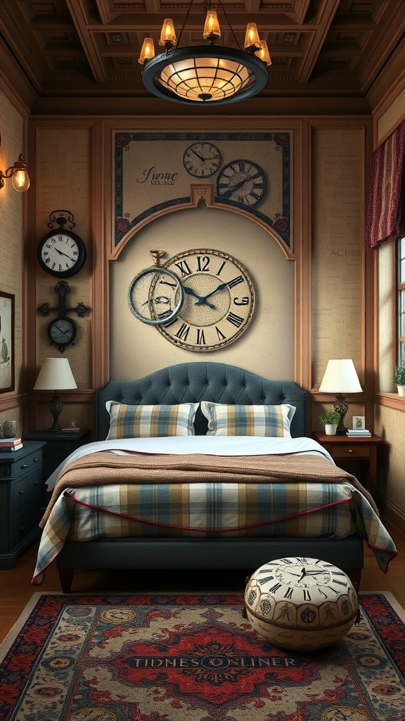 A cozy bedroom with a Time-Turner inspired clock, multiple wall clocks, and a vintage-style chandelier.