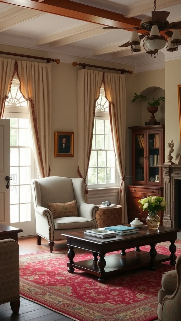 Colonial living room with an armchair, coffee table, and large windows allowing natural light.