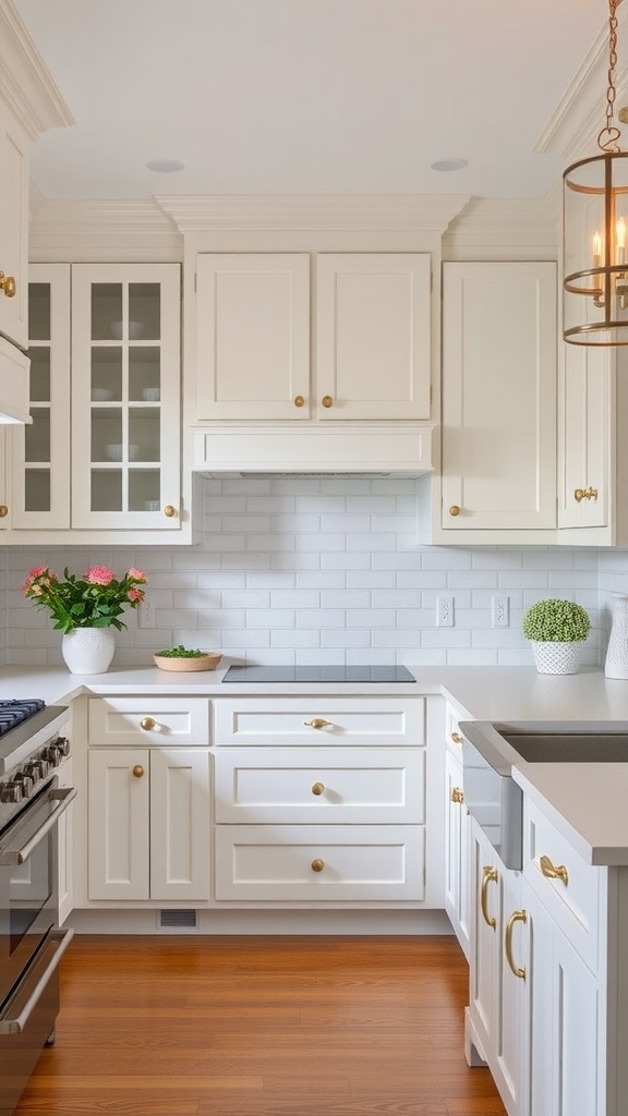 A modern kitchen featuring white Shaker-style cabinets, brass hardware, and natural elements.